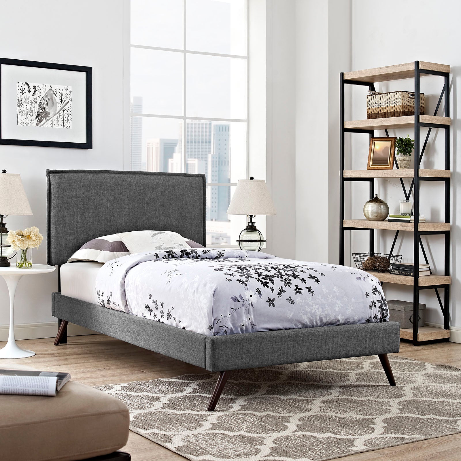 Camille Fabric Twin Platform Bed with Round Splayed Legs by Modway | Beds | Modishstore - 1