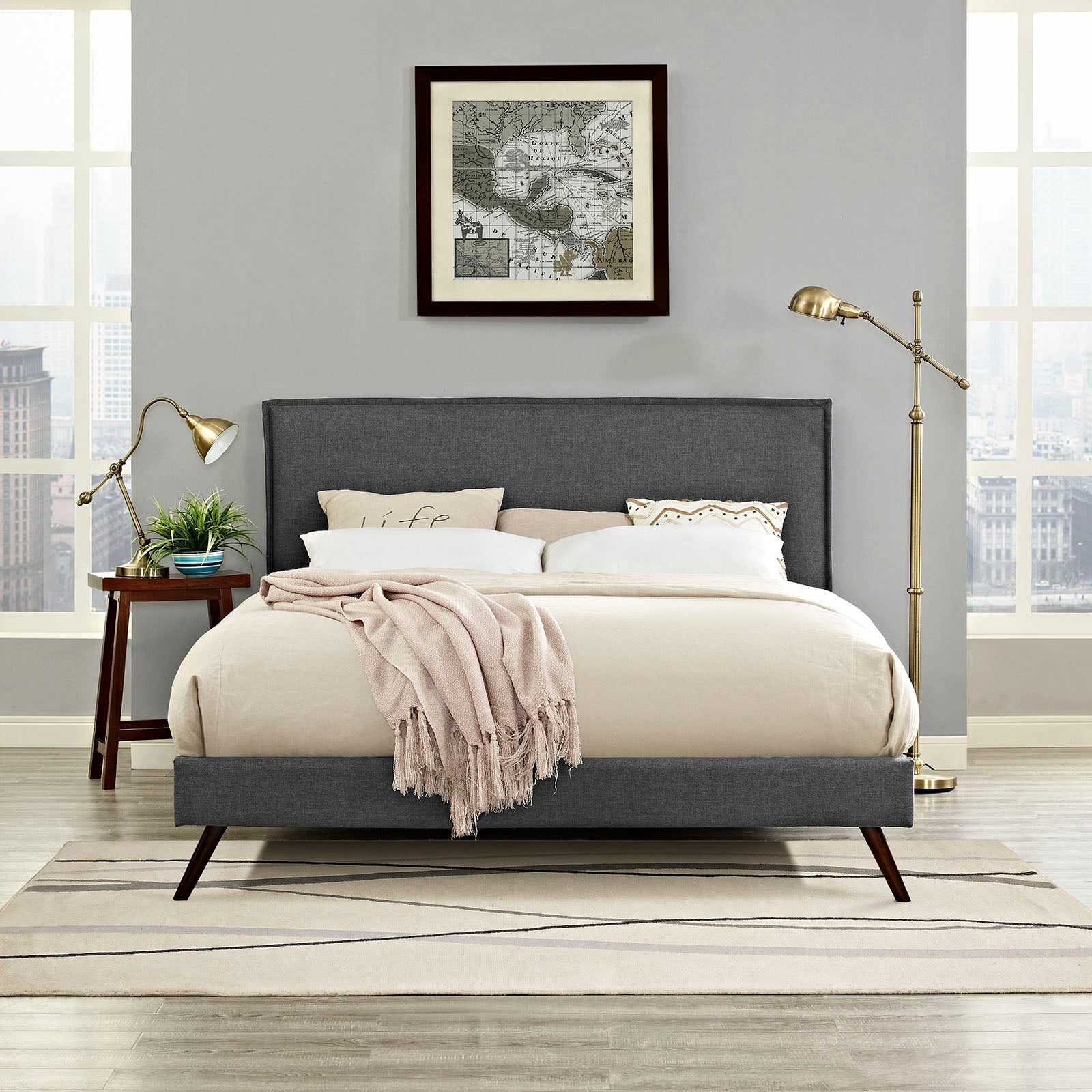 Camille Fabric Queen Platform Bed with Round Splayed Legs by Modway | Beds | Modishstore - 1