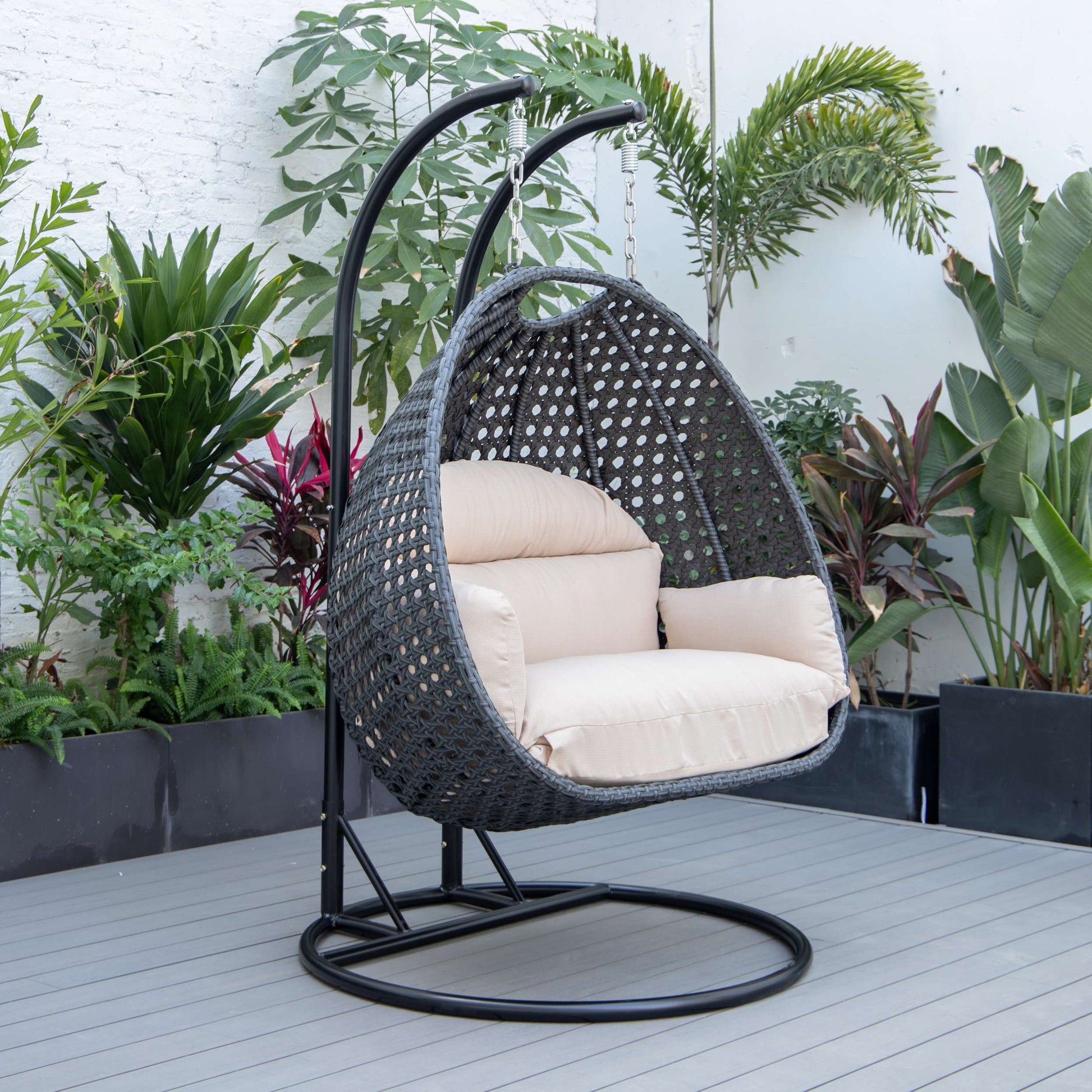 LeisureMod Mendoza Charcoal Wicker Hanging 2 person Egg Swing Chair | Outdoor Porch Swings | Modishstore - 2