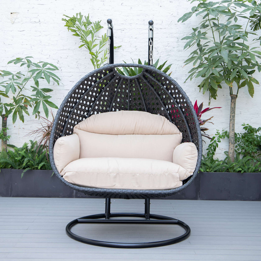 LeisureMod Mendoza Charcoal Wicker Hanging 2 person Egg Swing Chair | Outdoor Porch Swings | Modishstore