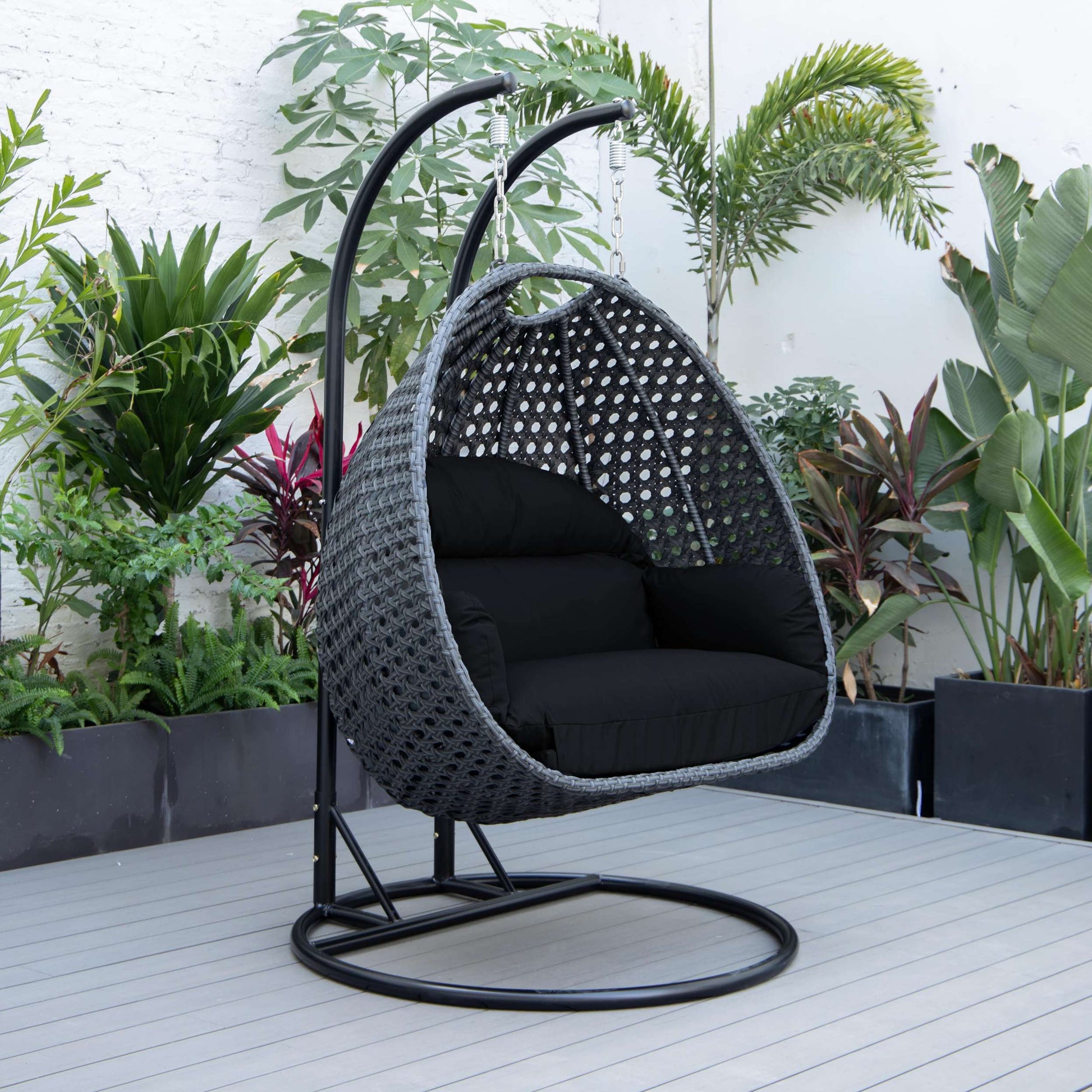 LeisureMod Mendoza Charcoal Wicker Hanging 2 person Egg Swing Chair | Outdoor Porch Swings | Modishstore - 13
