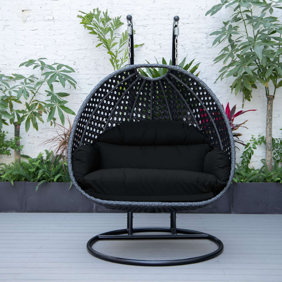 LeisureMod Mendoza Charcoal Wicker Hanging 2 person Egg Swing Chair | Outdoor Porch Swings | Modishstore - 12