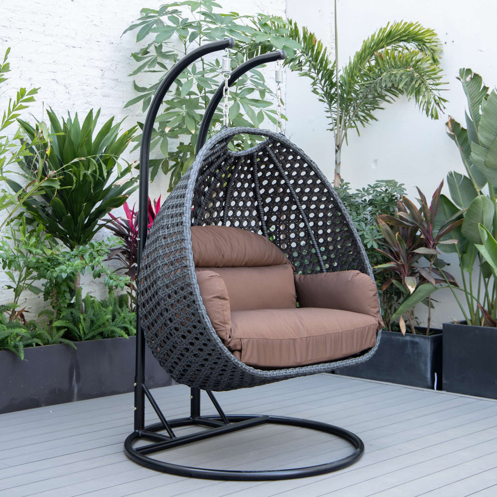 LeisureMod Mendoza Charcoal Wicker Hanging 2 person Egg Swing Chair | Outdoor Porch Swings | Modishstore - 27