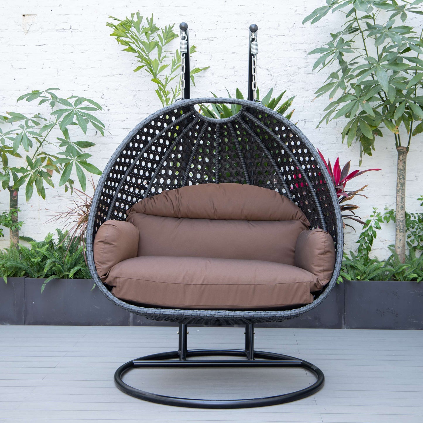 LeisureMod Mendoza Charcoal Wicker Hanging 2 person Egg Swing Chair | Outdoor Porch Swings | Modishstore - 26