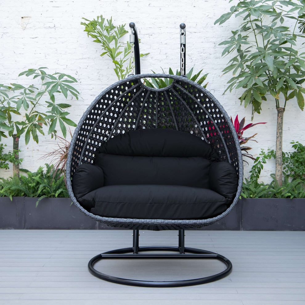 LeisureMod Mendoza Charcoal Wicker Hanging 2 person Egg Swing Chair | Outdoor Porch Swings | Modishstore - 62