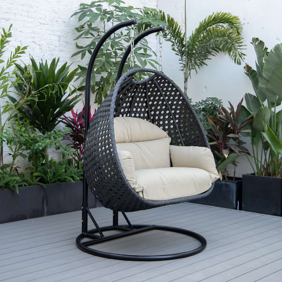 LeisureMod Mendoza Charcoal Wicker Hanging 2 person Egg Swing Chair | Outdoor Porch Swings | Modishstore - 110