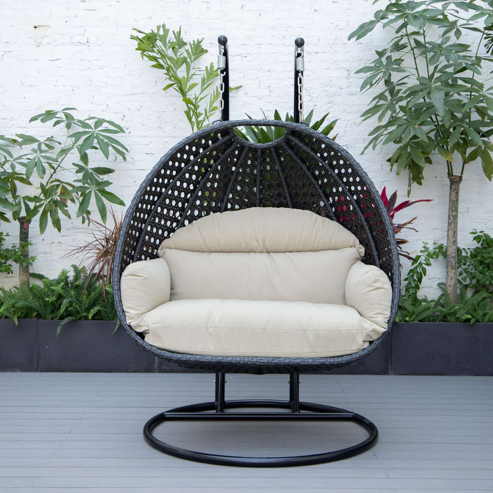 LeisureMod Mendoza Charcoal Wicker Hanging 2 person Egg Swing Chair | Outdoor Porch Swings | Modishstore - 106