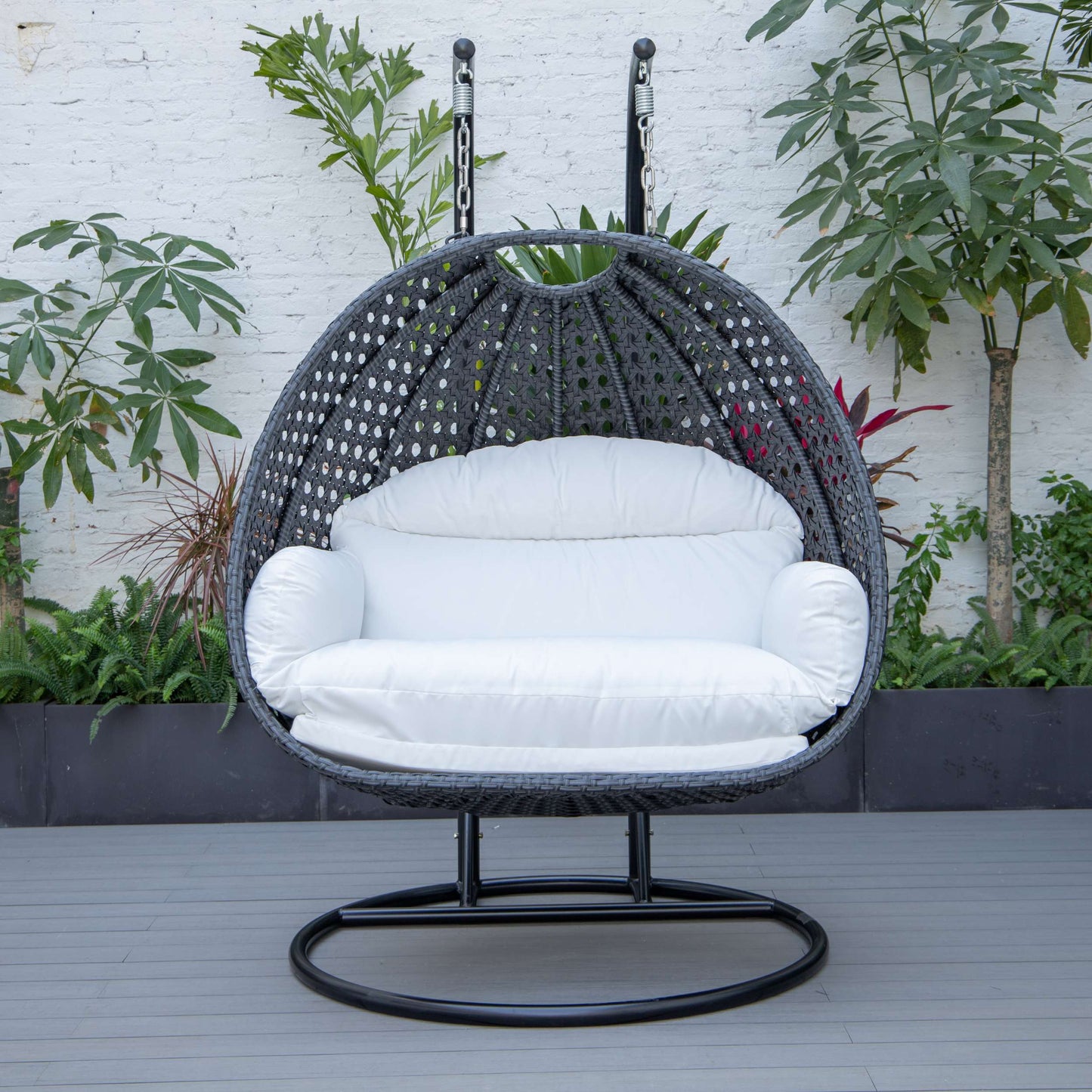 LeisureMod Mendoza Charcoal Wicker Hanging 2 person Egg Swing Chair | Outdoor Porch Swings | Modishstore - 116