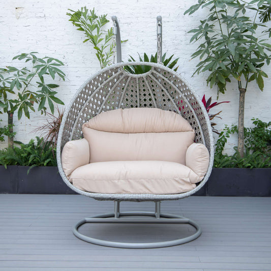 LeisureMod Mendoza Light Grey Wicker Hanging 2 person Egg Swing Chair | Outdoor Porch Swings | Modishstore