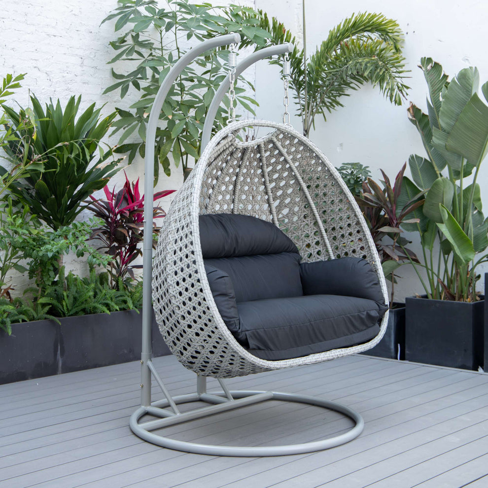 LeisureMod Mendoza Light Grey Wicker Hanging 2 person Egg Swing Chair | Outdoor Porch Swings | Modishstore - 15