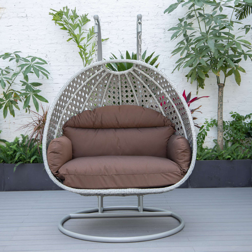 LeisureMod Mendoza Light Grey Wicker Hanging 2 person Egg Swing Chair | Outdoor Porch Swings | Modishstore - 22