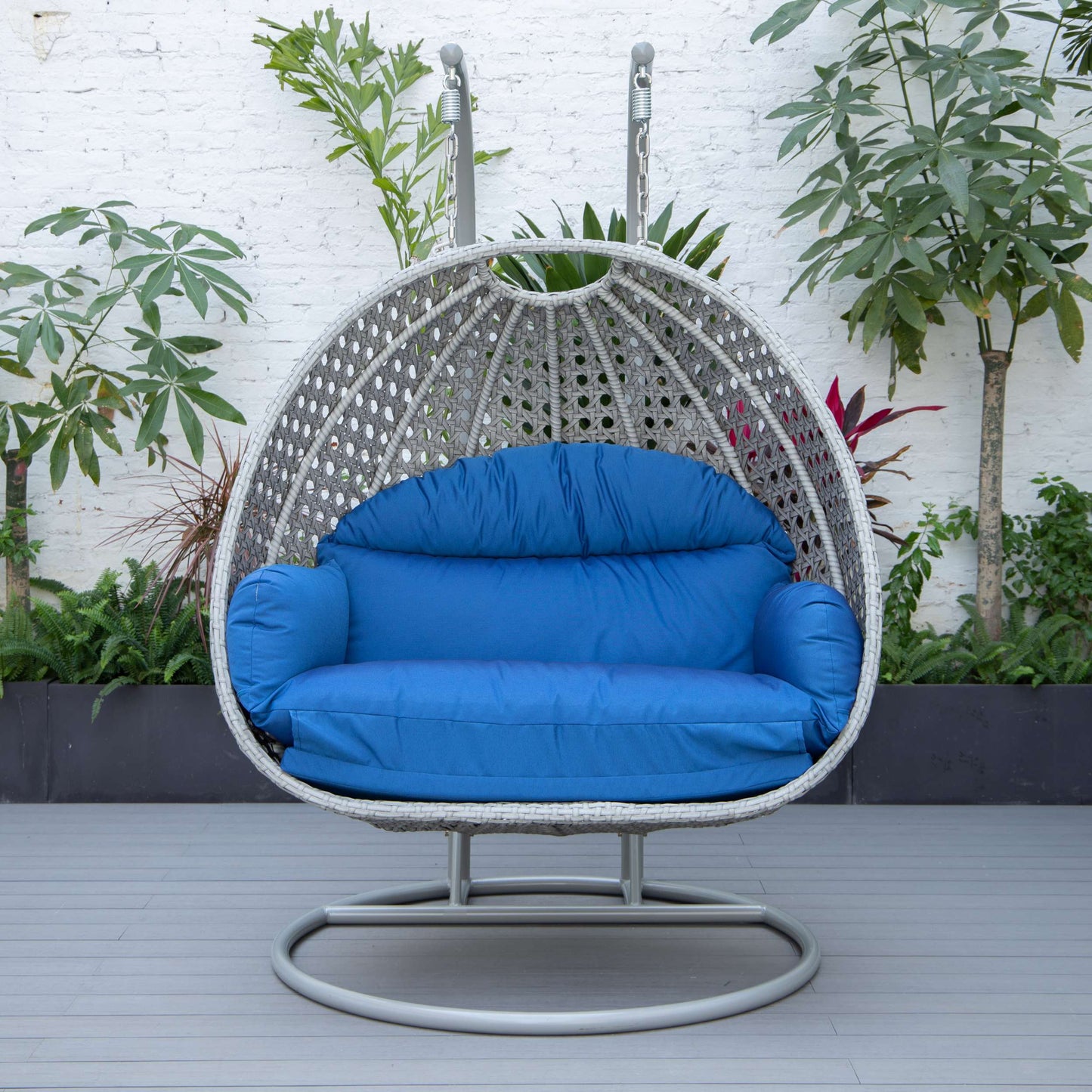 LeisureMod Mendoza Light Grey Wicker Hanging 2 person Egg Swing Chair | Outdoor Porch Swings | Modishstore - 27
