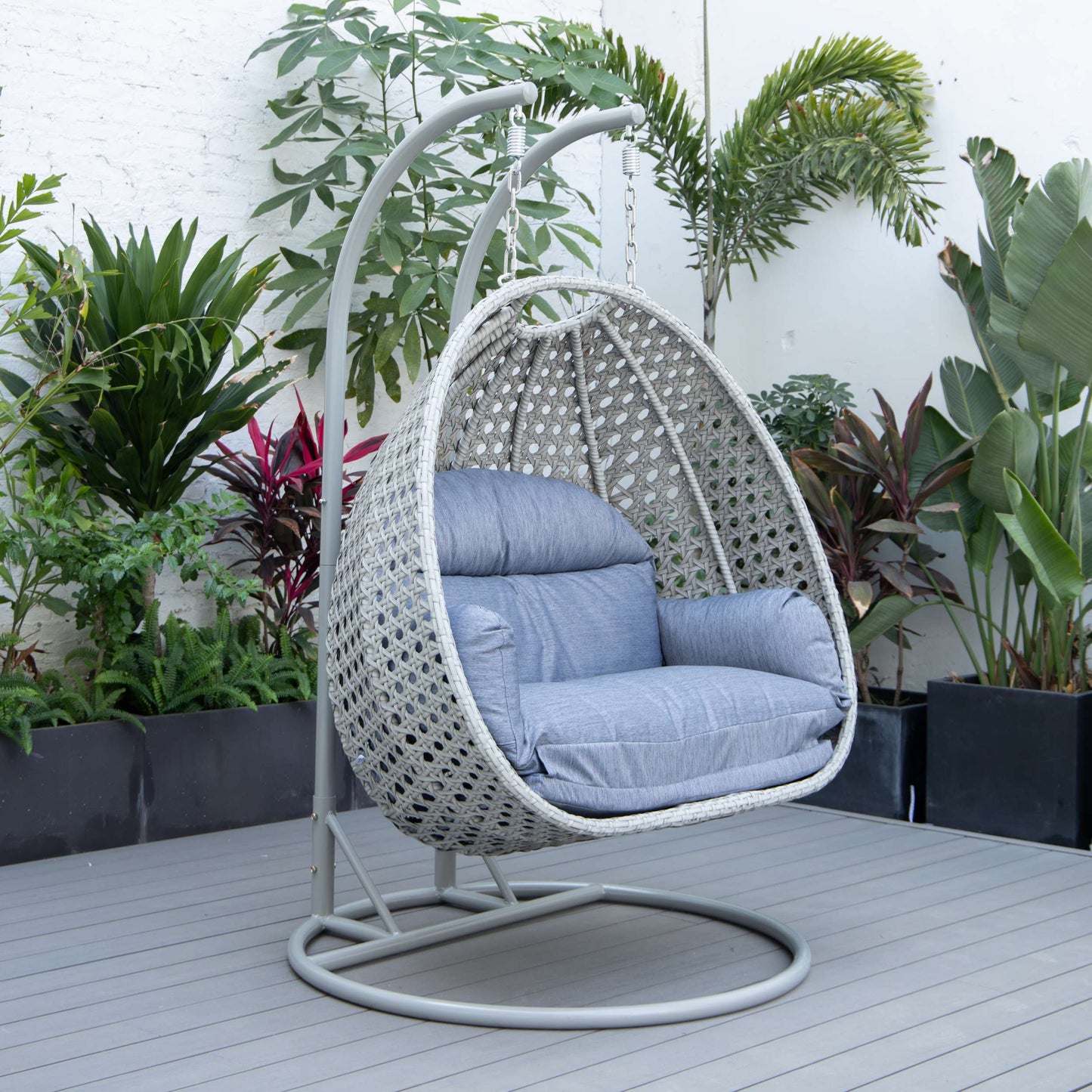 LeisureMod Mendoza Light Grey Wicker Hanging 2 person Egg Swing Chair | Outdoor Porch Swings | Modishstore - 49