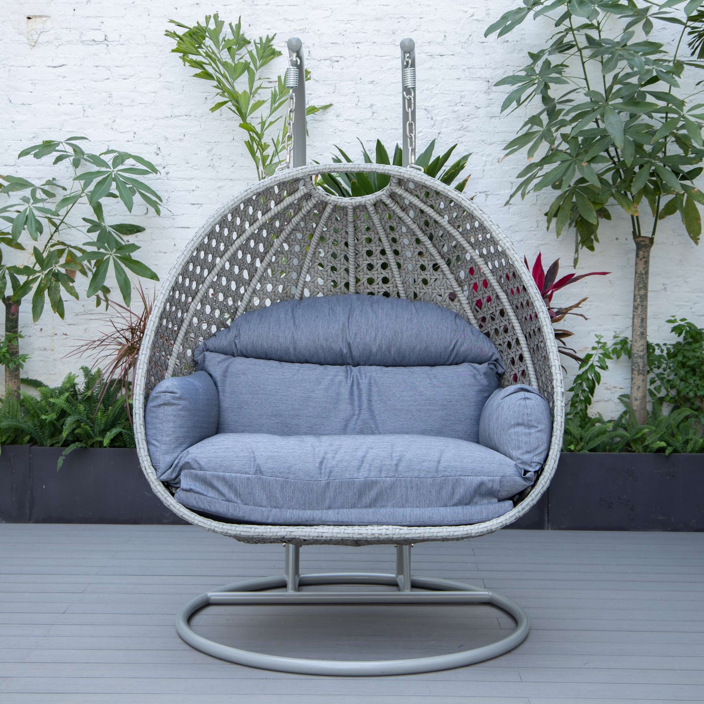 LeisureMod Mendoza Light Grey Wicker Hanging 2 person Egg Swing Chair | Outdoor Porch Swings | Modishstore - 40