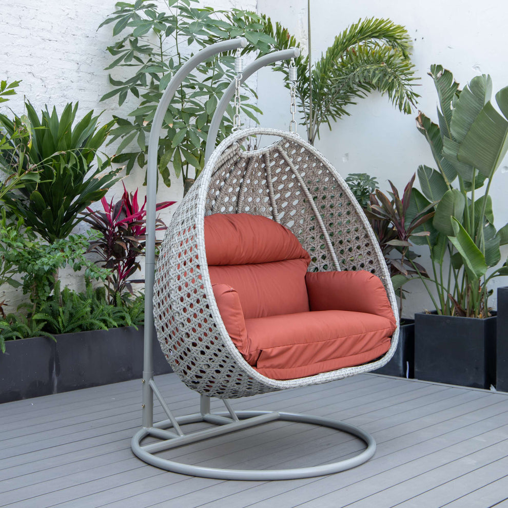 LeisureMod Mendoza Light Grey Wicker Hanging 2 person Egg Swing Chair | Outdoor Porch Swings | Modishstore - 78