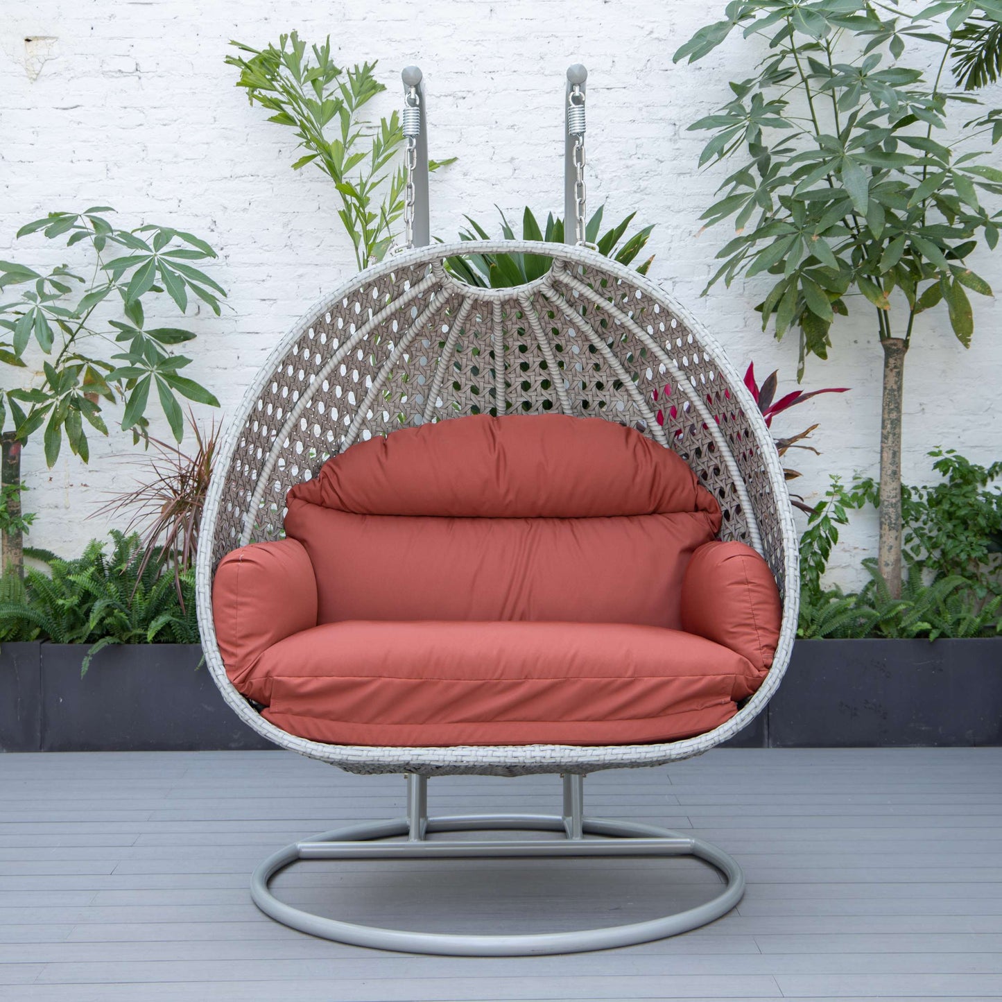 LeisureMod Mendoza Light Grey Wicker Hanging 2 person Egg Swing Chair | Outdoor Porch Swings | Modishstore - 70