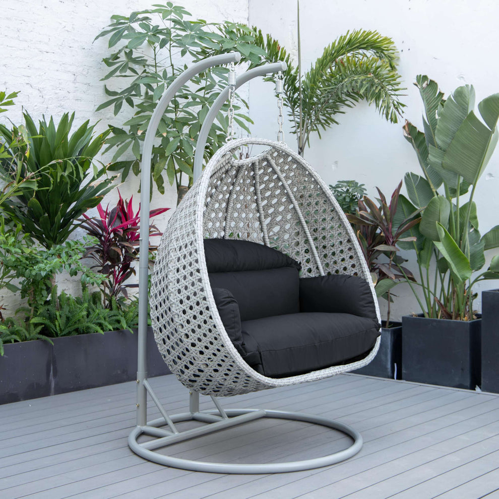 LeisureMod Mendoza Light Grey Wicker Hanging 2 person Egg Swing Chair | Outdoor Porch Swings | Modishstore - 61