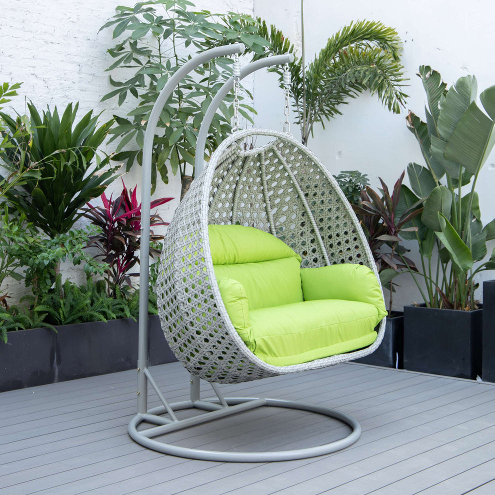 LeisureMod Mendoza Light Grey Wicker Hanging 2 person Egg Swing Chair | Outdoor Porch Swings | Modishstore - 88