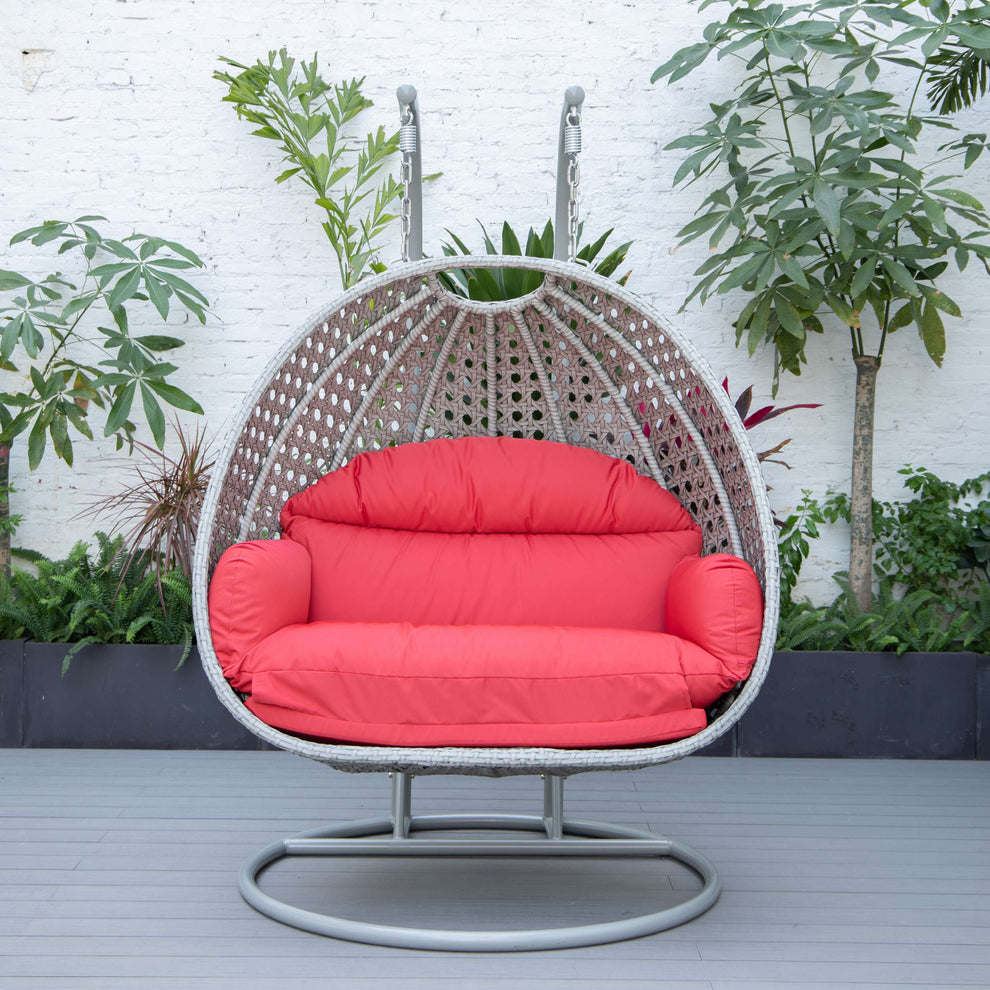 LeisureMod Mendoza Light Grey Wicker Hanging 2 person Egg Swing Chair | Outdoor Porch Swings | Modishstore - 90