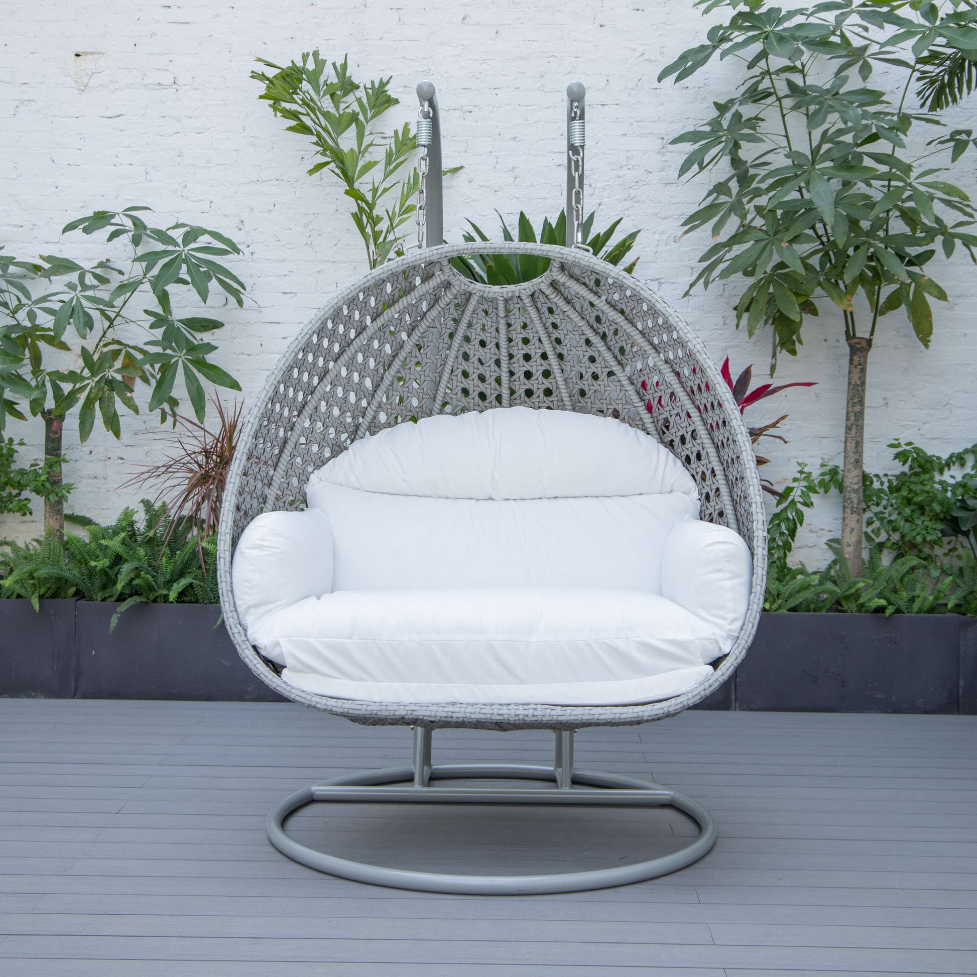 LeisureMod Mendoza Light Grey Wicker Hanging 2 person Egg Swing Chair | Outdoor Porch Swings | Modishstore - 110
