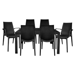 LeisureMod Kent Mid-Century 7-Piece Rectangular Outdoor Dining Set with 4 Side Chairs and 2 Armchairs