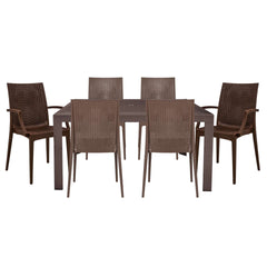 LeisureMod Mace Mid-Century 7-Piece Rectangular Outdoor Dining Set with 4 Side Chairs and 2 Armchairs