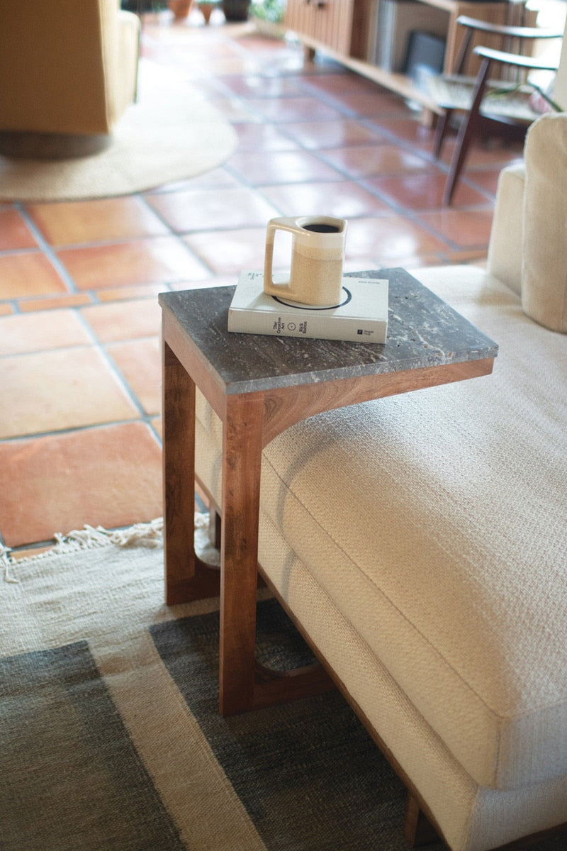 Acacia Wood & Wicker Sofa Table W Titanium Traventine Top By Kalalou | Cocktail Table | Modishstore - 1