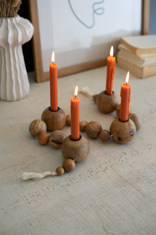 Wooden Spheres Strung Taper Holders By Kalalou | Candle Holders | Modishstore