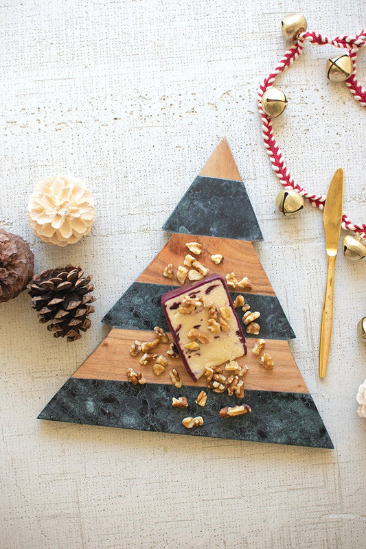 Green Marble And Acacia Wood Christmas Tree Cutting Board By Kalalou