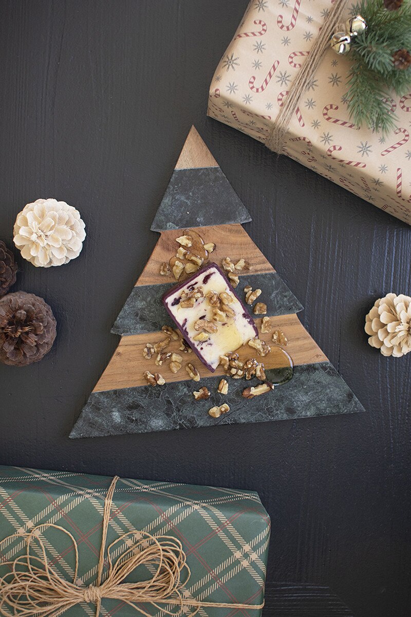 Green Marble And Acacia Wood Christmas Tree Cutting Board By Kalalou