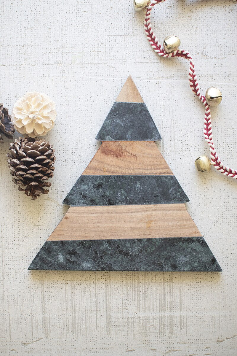 Green Marble And Acacia Wood Christmas Tree Cutting Board By Kalalou