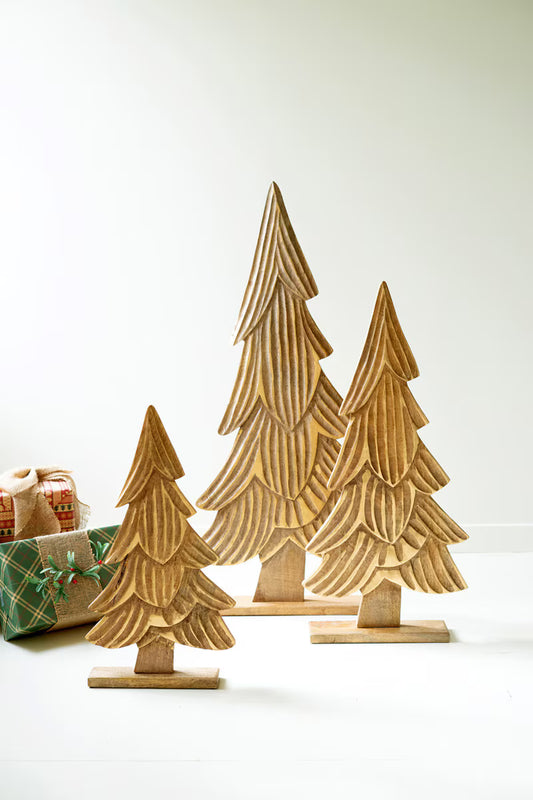 Set Of Three Carved Wooden Christmas Trees On Bases By Kalalou
