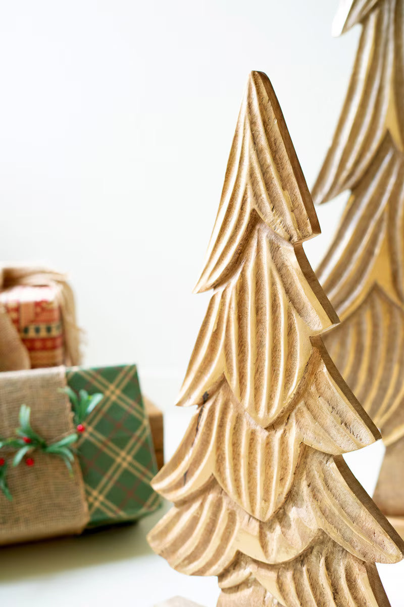 Set Of Three Carved Wooden Christmas Trees On Bases By Kalalou