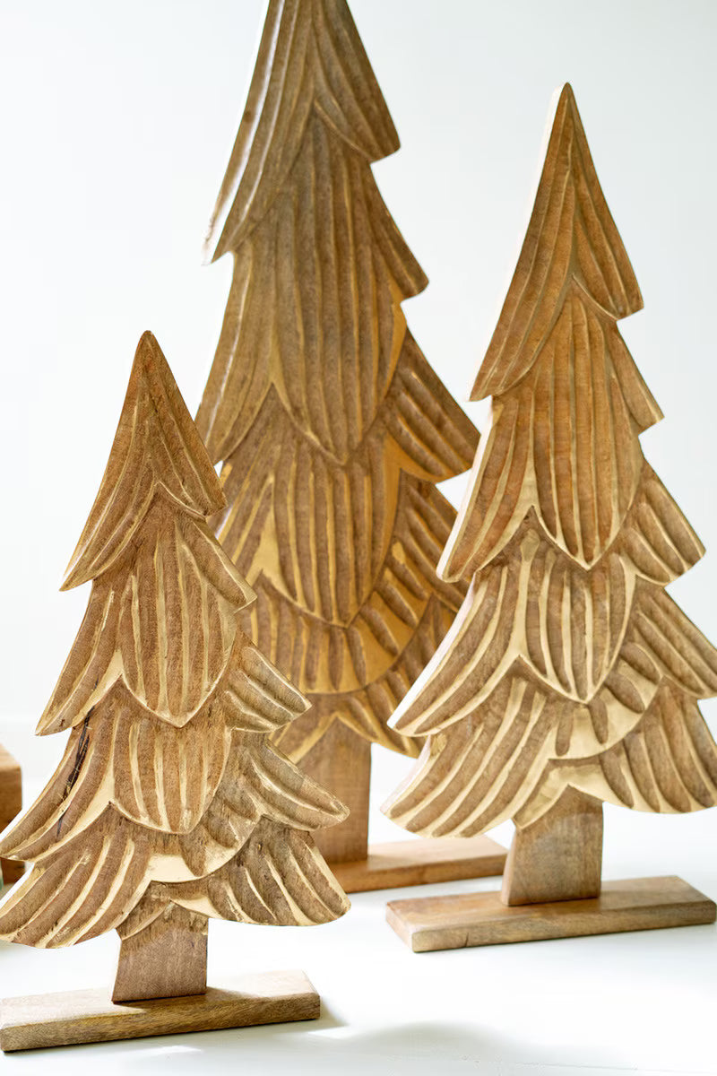 Set Of Three Carved Wooden Christmas Trees On Bases By Kalalou