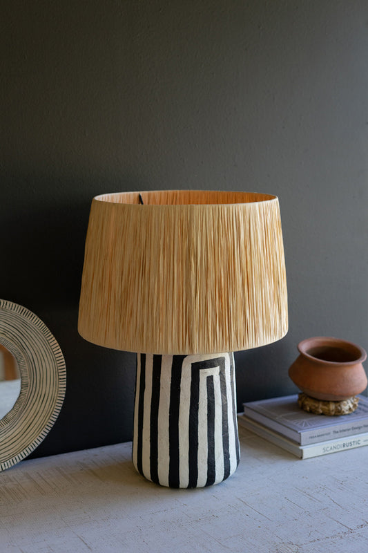 Black And White Paper Mache Table Lamp With Raffia Shade By Kalalou | Table Lamps | Modishstore
