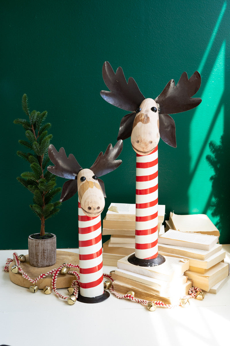 Set 2 Recycled Iron Moose W Red & Whte Painted Wood Bases By Kalalou | Figurines | Modishstore