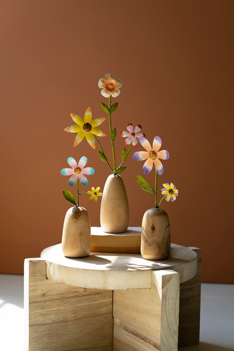Painted Metal Flowers With Wooden Bases Set Of 3 By Kalalou | Planters, Troughs & Cachepots | Modishstore - 3