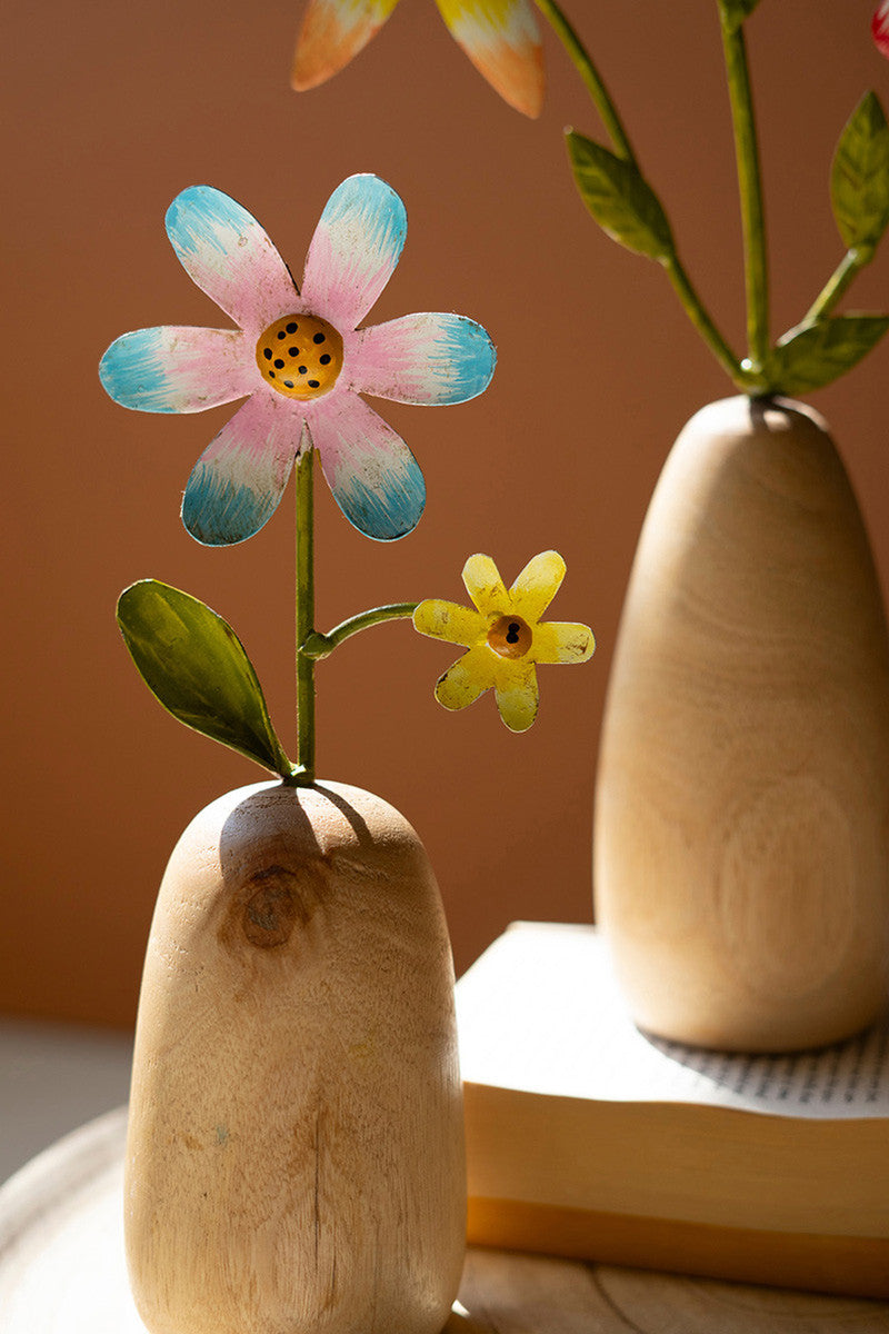 Painted Metal Flowers With Wooden Bases Set Of 3 By Kalalou | Planters, Troughs & Cachepots | Modishstore - 2