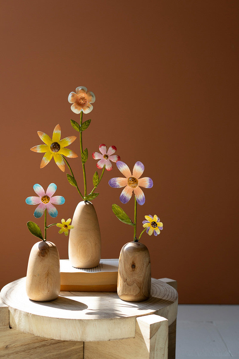 Painted Metal Flowers With Wooden Bases Set Of 3 By Kalalou | Planters, Troughs & Cachepots | Modishstore