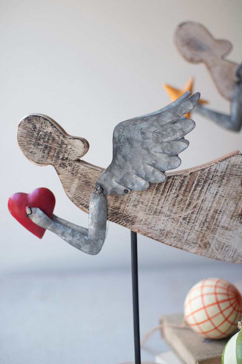 Flying Wood And Metal Angels On Wood Bases Set Of 2 By Kalalou | Figurines | Modishstore - 3