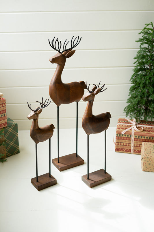 Carved Wood And Iron Reindeer On Bases Set Of 3 By Kalalou | Animals & Pets | Modishstore
