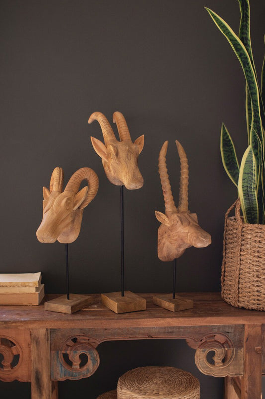 Set Of Three Carved Mango Wood African Animal Heads By Kalalou