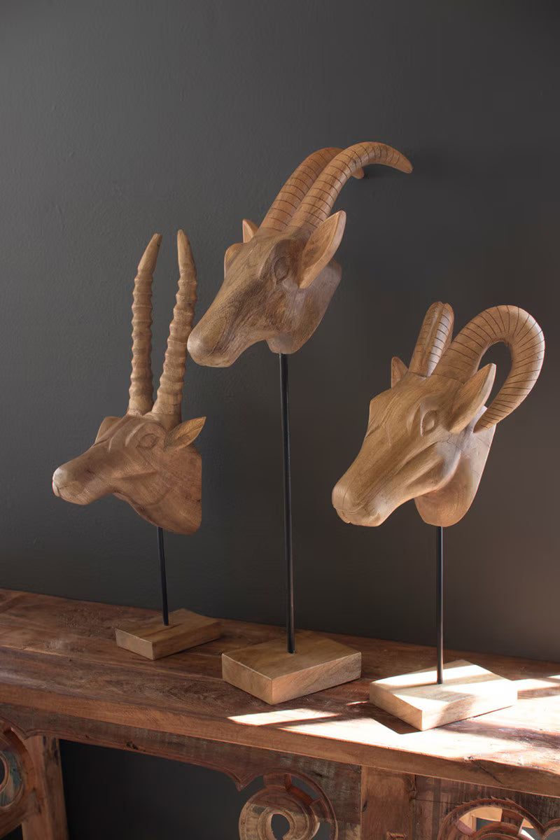 Set Of Three Carved Mango Wood African Animal Heads By Kalalou