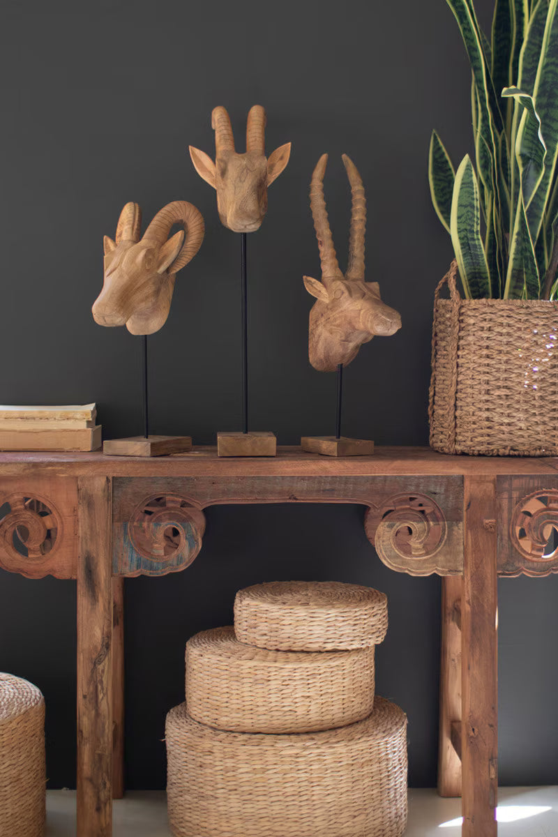 Set Of Three Carved Mango Wood African Animal Heads By Kalalou