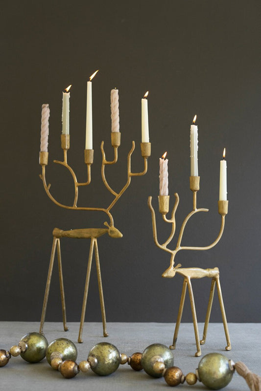Set Of Two Antique Gold Forged Christmas Deer Candelabras By Kalalou