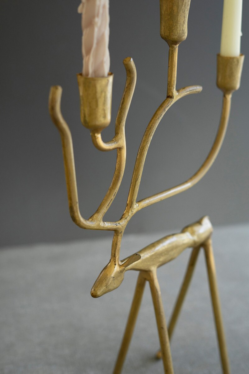 Set Of Two Antique Gold Forged Christmas Deer Candelabras By Kalalou
