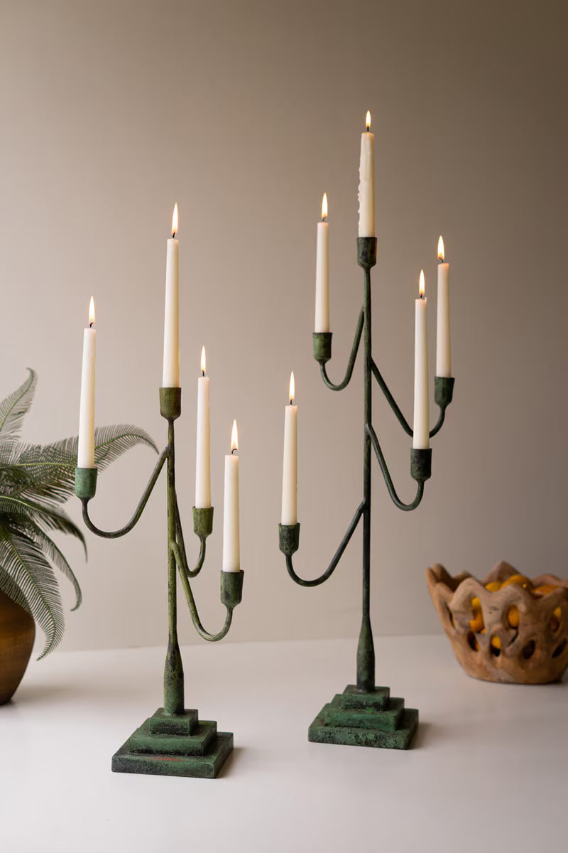 Set Of Two Taper Candelabras - Green Patina By Kalalou
