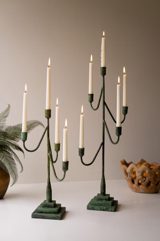 Set Of Two Taper Candelabras - Green Patina By Kalalou