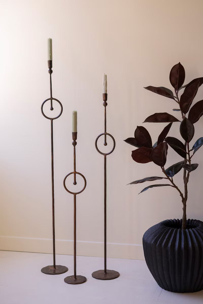 Set Of Three Tall Taper Candle Holder With Circle Detail By Kalalou