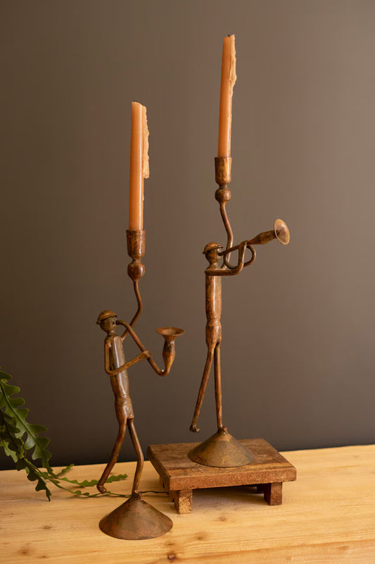 Set Of Two Forged Iron Trumpet And Saxaphone Taper Candle Holders By Kalalou